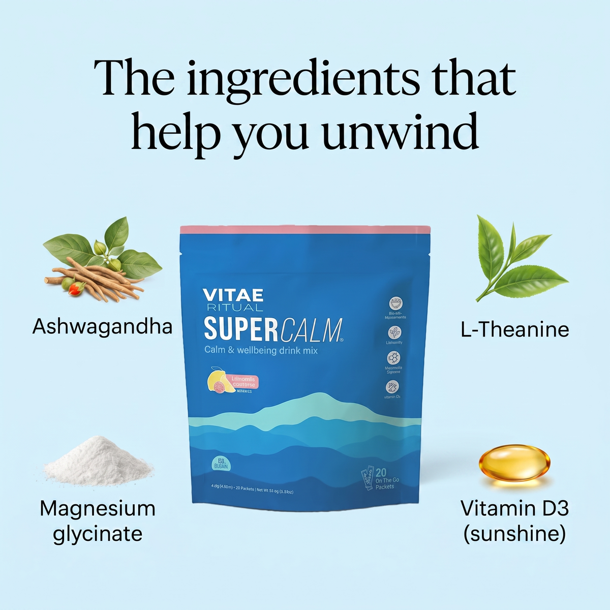 SuperCalm ingredients: ashwagandha, L-theanine, magnesium, vitamin D3