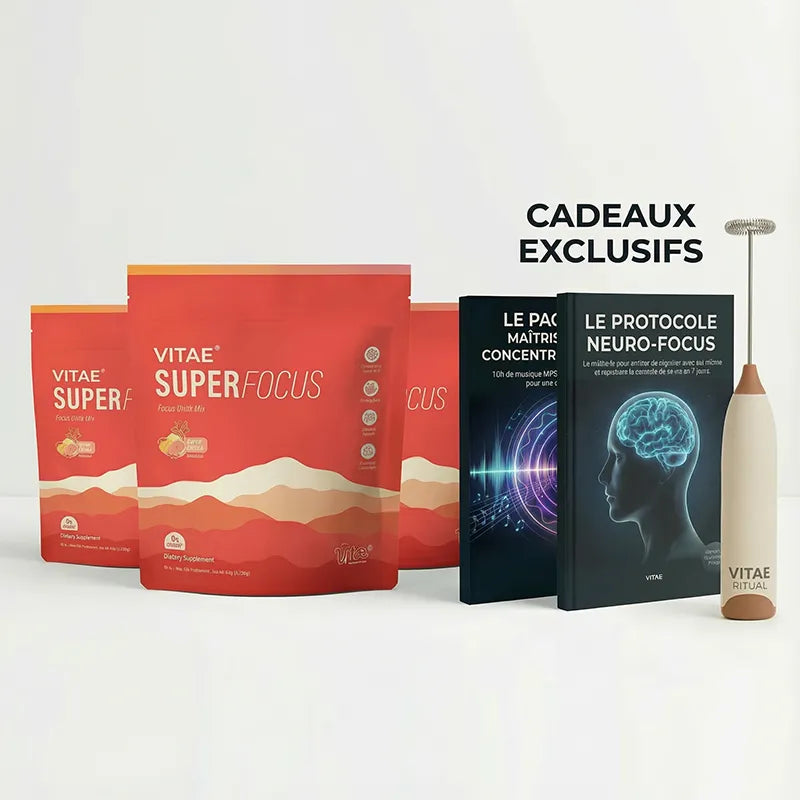 SuperFocus - Transformation Totale (3mois) + Pack Ultimate Maitrise Mentale 10h + Protocole Neuro-Focus 60p. + Mélangeur Rechargeable